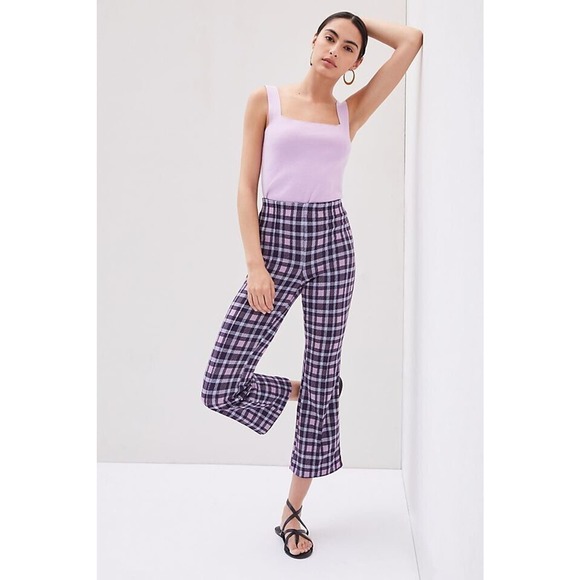Maeve Anthropologie Pants Women's XS Purple Plaid Crop Kick Flare Knit Pull On - Picture 7 of 8